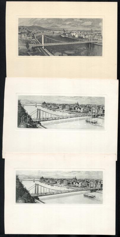cca 1965 9 db Budapest témájú rézkarc, papír, selyem. Jelzés nélkül, kis méretben