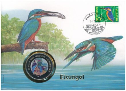 Egyenlítői-Guinea 1994. 1000Fr Cu-Ni 'Jégmadár' multicolor emlékérme, felbélyegzett borítékban, bélyegzéssel, német nyelvű tájékoztatóval T:PP Equatorial Guines 1994. 1000 Francs Cu-Ni 'Kingfisher' multicolor commemorative coin,