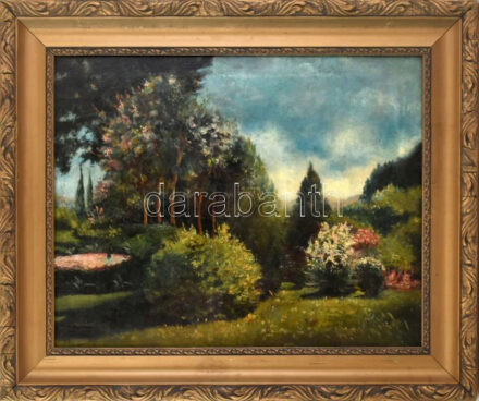 Újházy Ferenc (1827-1921): Virágos park. Olaj, vászon, jelezve balra lent. Dekoratív, kissé sérült fakeretben. 46x58 cm / oil on canvas, signed lower left, framed