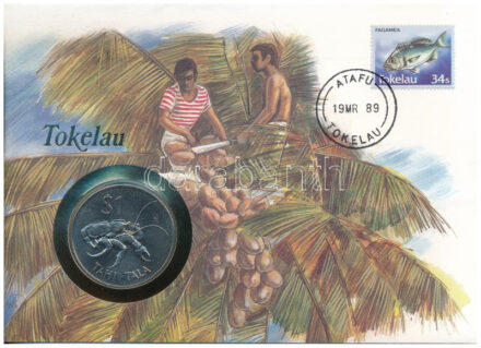 Tokelau 1980. 1$ / 1T Cu-Ni 'Pálmatolvaj' forgalomba nem került emlékkiadás felbélyegzett borítékban, bélyegzéssel, német nyelvű leírással T:AU patina Tokelau 1980. 1 Dollar / 1 Tala Cu-Ni 'Coconut Crab' non-circulating commemorative