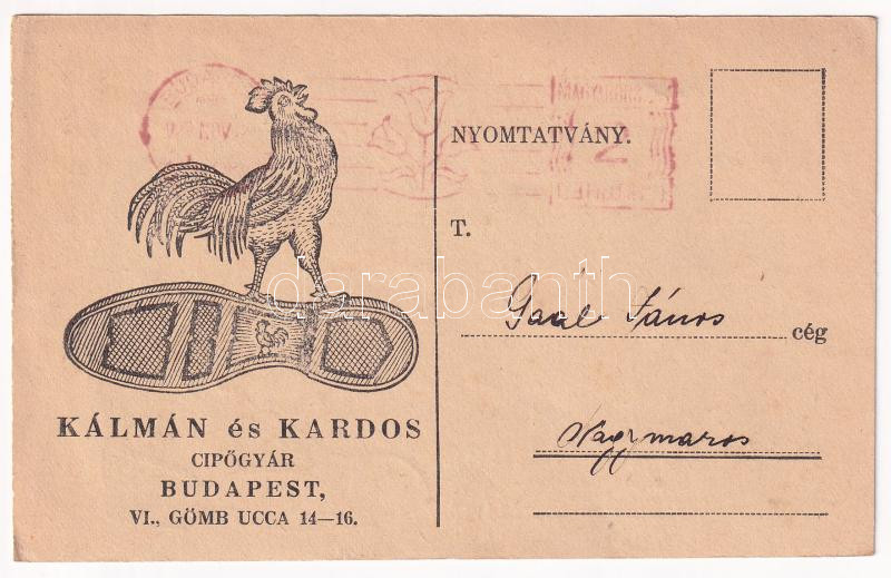 Kálmán és Kardos cipőgyár reklám. Budapest, Gömb utca 14-16. / Hungarian shoe factory's advertisement (EK)