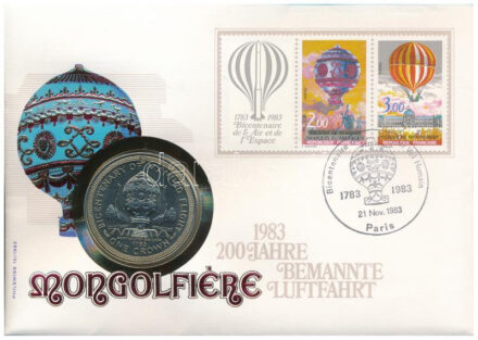 Man-sziget 1983. 1C Cu-Ni 'Az ember repülésének 200. évfordulója' felbélyegzett borítékon, alkalmi bélyegzéssel T:UNC Isle of Man 1983. 1 Crown Cu-Ni 'Bicentennary of manned flight' in envelope with stamp C:UNC Krause KM#103