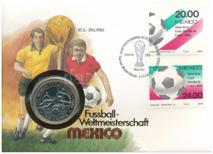 Man-sziget 1986. 1C Cu-Ni 'Labdarúgó Világbajnokság 1986' felbélyegzett borítékban, bélyegzéssel T:UNC,AU Isle of Man 1986. 1 Crown Cu-Ni 'Football World Cup 1986' in envelope with stamp and cancellation C:UNC,AU Krause KM#161