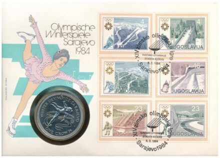 Man-sziget 1984. 1C Cu-Ni 'Szarajevói Téli Olimpia' felbélyegzett borítékon, alkalmi bélyegzéssel T:UNC,AU patina Isle of Man 1984. 1 Crown Cu-Ni 'Winter Olympic Games in Sarajevo' in envelope with stamp C:UNC,AU patina Krause KM#117