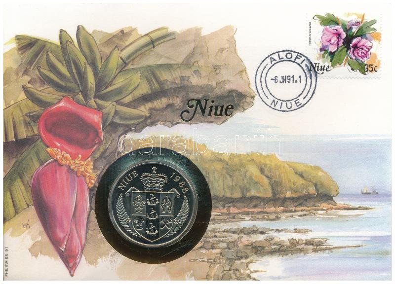 Niue 1988. 5D Cu-Ni 'J. F. Kennedy - Ich bin ein Berliner' felbélyegzett borítékban, bélyegzéssel, német nyelvű tájékoztatóvalT:UNC Niue 1988. 5 Dollars Cu-Ni 'J. F. Kennedy - Ich bin ein Berliner' in envelope with stamp, cancellation