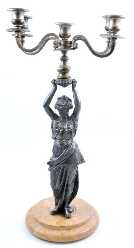 Gyertyatartó. Antik figurális gyertyatartó, spiáter női alak kezében szürke fém 5 ágú gyertyatartóval, igényes polírozott márvány talpon,nagyon szép állapotban. m: 53 cm talp: d: 20cm