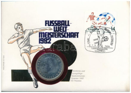 Spanyolország 1980. 100P Cu-Ni '1982-es Labdarúgó Világbajnokság' érmés borítékban bélyeggel, alkalmi bélyegzéssel T:UNC,AU Spain 1980. 100 Pesetas Cu-Ni '1982 World Cup' in coin envelope with stamps and cancellations C:UNC,AU