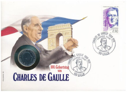 Franciaország 1988. 1Fr Ni 'Charles de Gaulle' érmés borítékban bélyeggel, bélyegzéssel T:UNC,AU France 1988. 1Fr Ni 'Charles de Gaulle' in coin envelope with stamps and cancellations C:UNC,AU