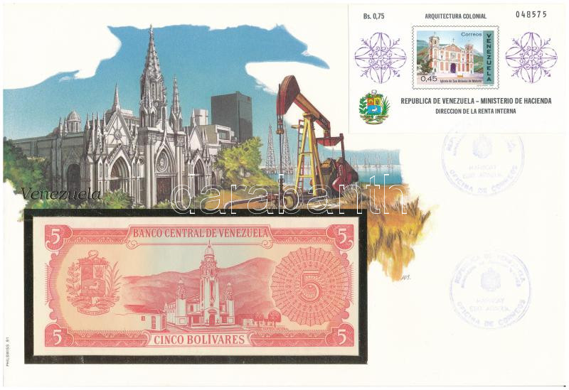 Venezuela 1989. 5B borítékban, alkalmi bélyeggel és bélyegzéssel T:UNC Venezuela 1989. 5 Bolivares in envelope with stamps and cancellations C:UNC