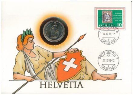Svájc 1985. 2Fr Cu-Ni 'Helvetia' felbélyegzett borítékban T:1 Switzerland 1985. 2 Franc Cu-Ni 'Helvetia' in envelope with stamp C:UNC