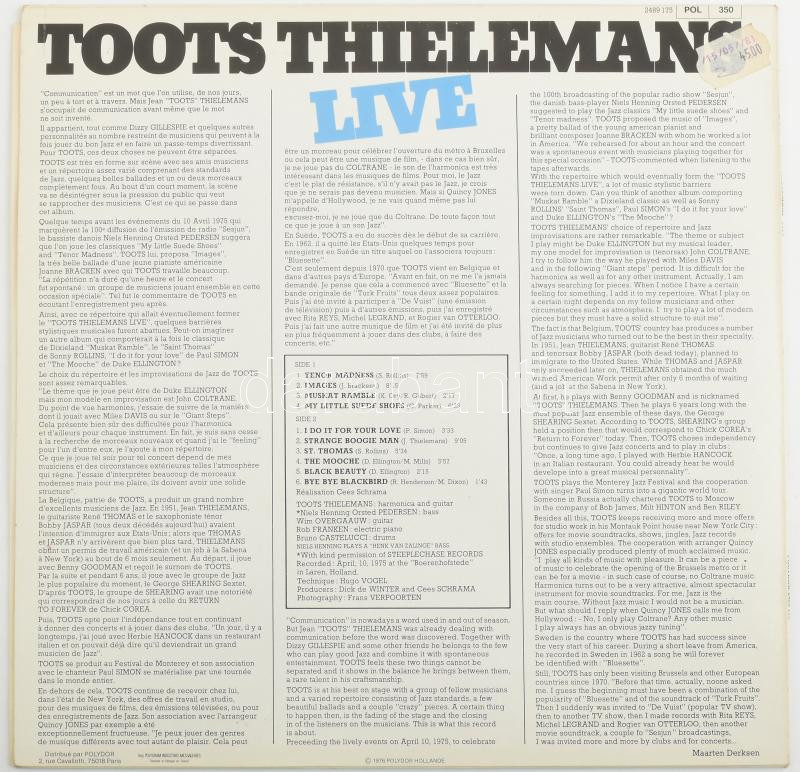 Toots Thielemans - Live Vinyl, LP, Album. Hollandia, 1974. jó állapotban - Image 2