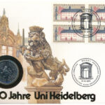 NSZK 1986D 5M Cu-Ni '600 éves a Heidelberg Egyetem' érmés borítékban, első napi bélyegzéses bélyeggel T:UNC,AU FRG 1986D 5 Mark Cu-Ni '600th Anniversary - Heidelberg University' in coin envelope with first day of issue stamp and