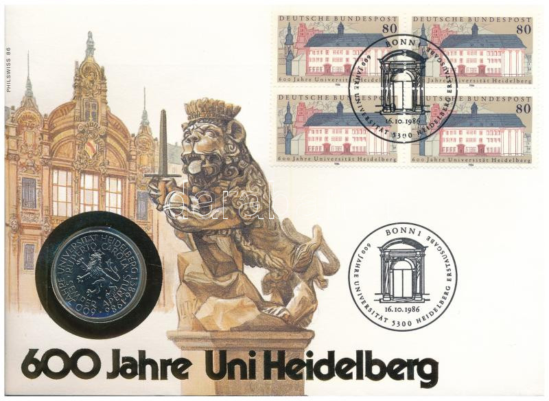 NSZK 1986D 5M Cu-Ni '600 éves a Heidelberg Egyetem' érmés borítékban, első napi bélyegzéses bélyeggel T:UNC,AU FRG 1986D 5 Mark Cu-Ni '600th Anniversary - Heidelberg University' in coin envelope with first day of issue stamp and
