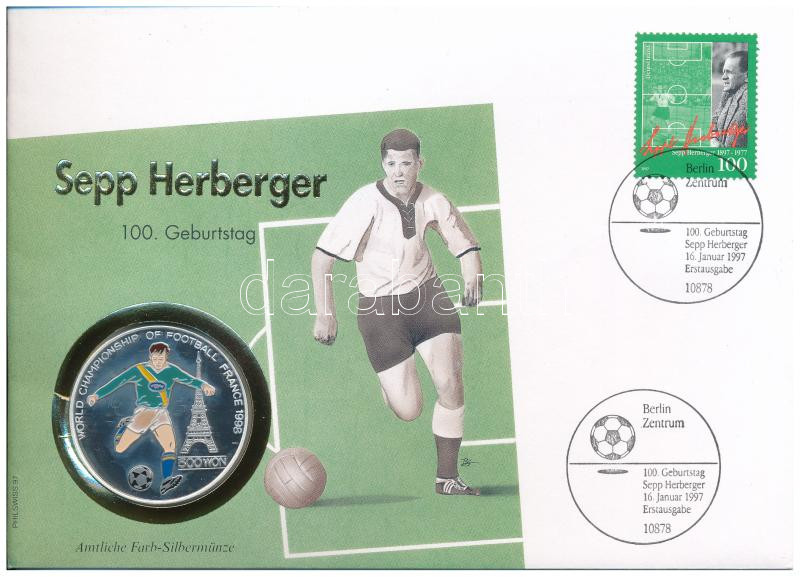 Észak-Korea 1996. 500W Ag 'Labdarúgó-világbajnokság - Franciaország 1998' részben multicolor emlékérme, érmés borítékban, bélyeggel, bélyegzéssel, német nyelvű leírással T:PP erős patina North Korea 1996. 500 Won Ag 'Football