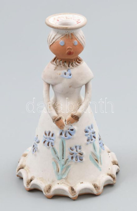 Jelzés nélkül Fehér ruhás lány. Gyertyatartó Mázas kerámia figura, kézzel festett, jelzett, hibátlan 17 cm