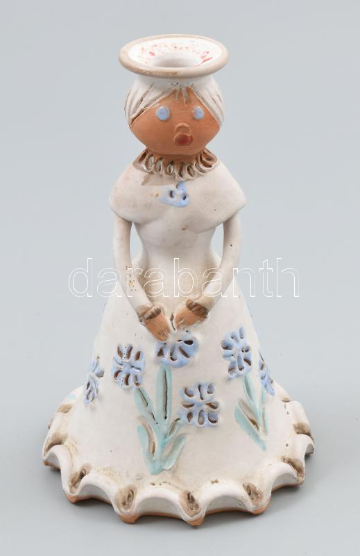 Jelzés nélkül Fehér ruhás lány. Gyertyatartó Mázas kerámia figura, kézzel festett, jelzett, hibátlan 17 cm