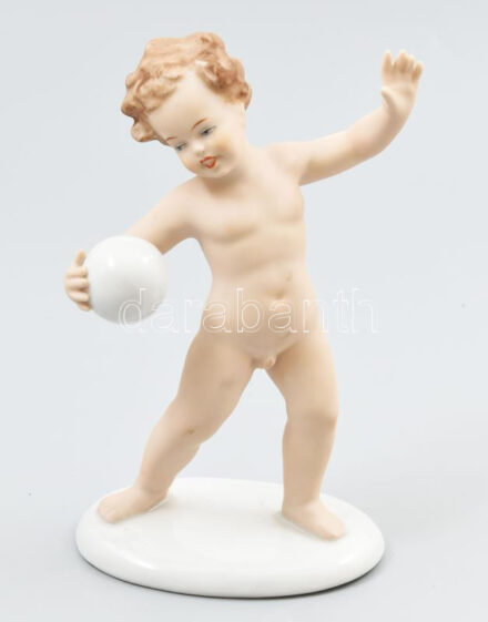 Schaubachkunst porcelán labdázó gyermek figura. Kézzel festett, jelzett, hibátlan 16 cm