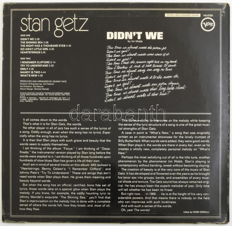 Stan Getz - Didn't We Vinyl, LP, Album. Németország, 1969. jó állapotban - Image 2