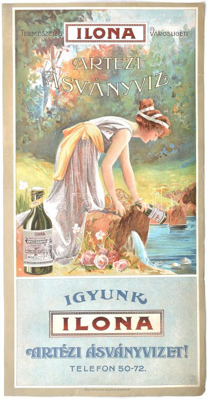 Természetes Ilona Városligeti Artézi Ásványvíz litho reklám, kisebb szakadásokkal, 47×24 cm