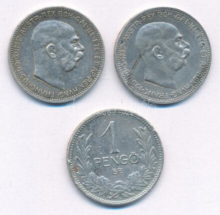 Ausztria 1913-1915. 1K Ag 'Ferenc József' (2xklf) + Magyarország 1927. 1P Ag T:XF-F ph. Austria 1913-1915. 1 Krone Ag 'Franz Joseph' (2xdiff) + Hungary 1927. 1 Pengő Ag C:XF-F edge error