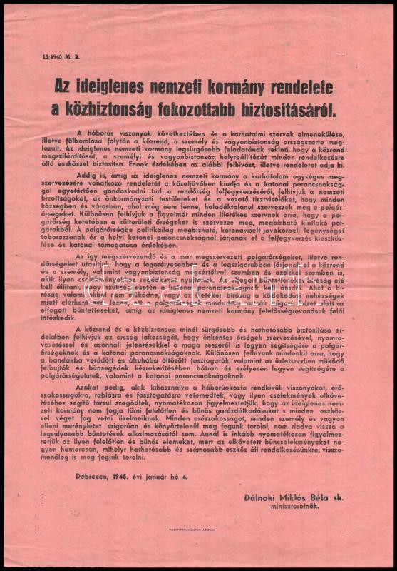 1945 Az Ideiglenes Nemzeti Kormány hirdetménye polgárőrségek megszervezéséről 30x40 cm