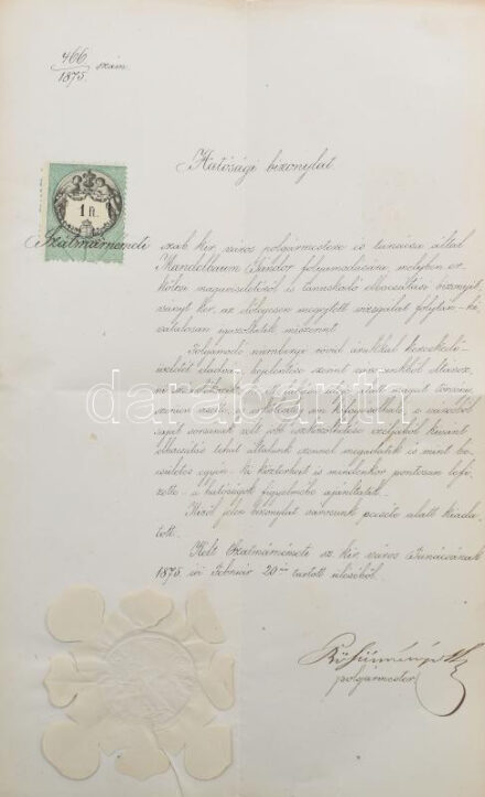 1875 Szatmárnémeti erkölcsi bizonyítvány Böszörményi polgármester aláírásával, pecséttel