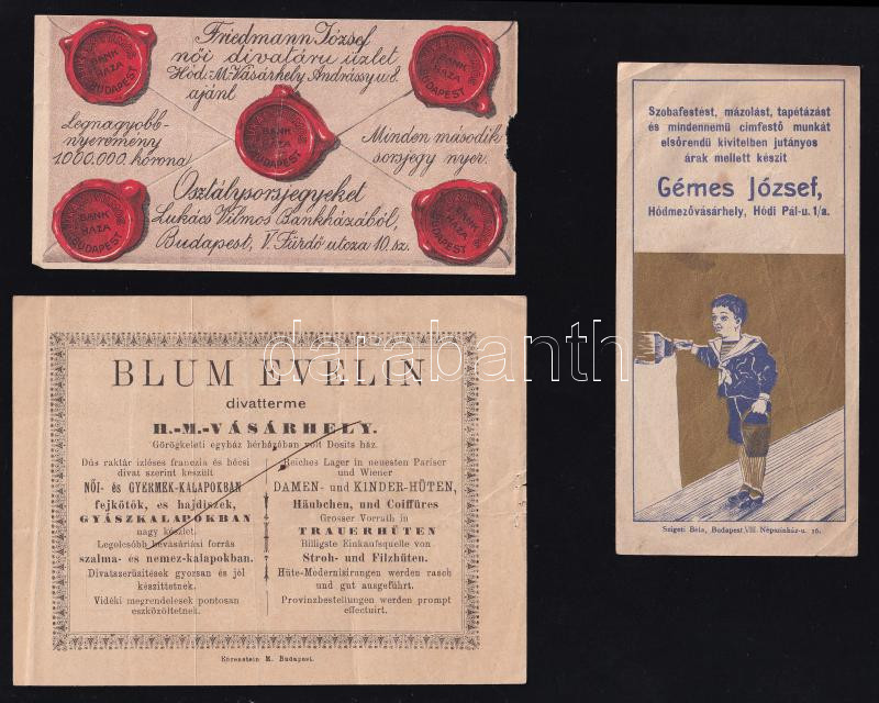 cca 1900-1920 3 db hódmezővásárhelyi reklám nyomtatvány