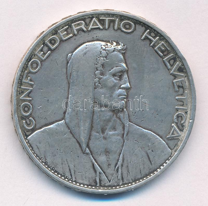 Svájc 1925B 5Fr Ag T:2- ph., karc Switzerland 1922B 5 Francs Ag C:XF,VF edge error, scratched Krause KM#38 - Image 2