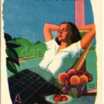Idegeit nyugtatja a gyümölcs! Magyar egészségügyi propaganda, C-vitamin táblázat a hátoldalon. M. kir. Földművelődésügyi Minisztérium kiadványa / Hungarian health campaign propaganda, Vitamin C chart s: Vöczköndy