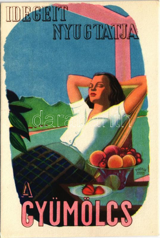 Idegeit nyugtatja a gyümölcs! Magyar egészségügyi propaganda, C-vitamin táblázat a hátoldalon. M. kir. Földművelődésügyi Minisztérium kiadványa / Hungarian health campaign propaganda, Vitamin C chart s: Vöczköndy