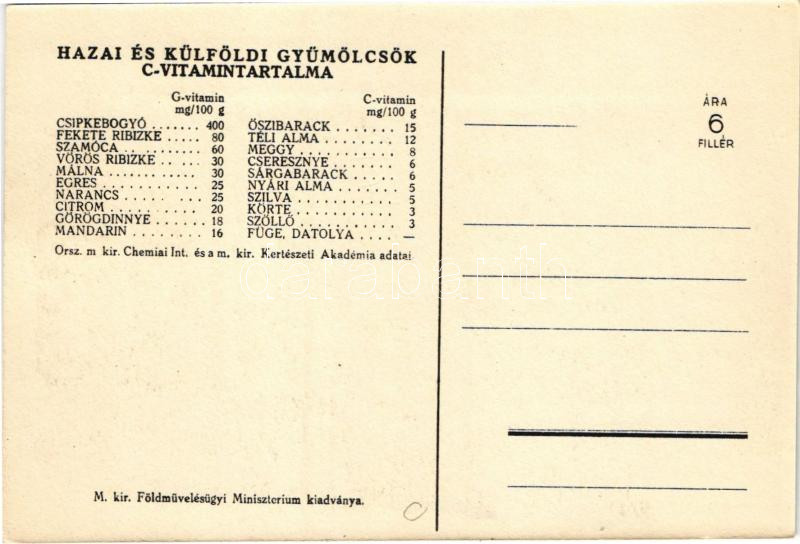 Idegeit nyugtatja a gyümölcs! Magyar egészségügyi propaganda, C-vitamin táblázat a hátoldalon. M. kir. Földművelődésügyi Minisztérium kiadványa / Hungarian health campaign propaganda, Vitamin C chart s: Vöczköndy - Image 2