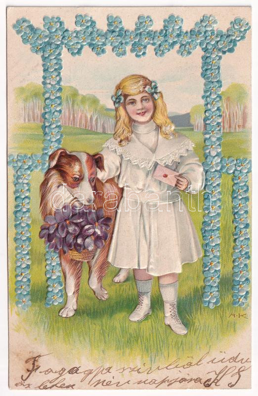 1907 Dombornyomott virágos üdvözlőlap, kislány és kutya / Embossed litho greeting card with girl and dog