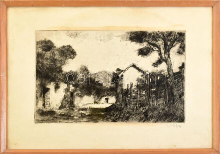 Biai-Föglein István (1905-1974): Kertek alján. Rézkarc, papír, jelzett, kissé foltos, üvegezett fakeretben, 19×29,5 cm