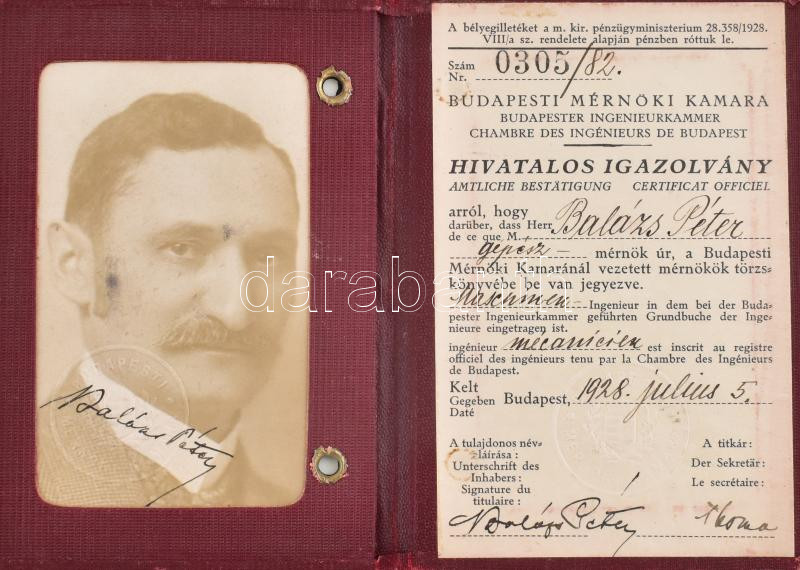 1928 Bp., Budapesti Mérnöki Kamara által kiállított fényképes igazolvány - Image 2