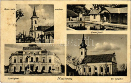 1943 Mezőberény, községháza, Római katolikus és evangélikus templom, strandfürdő (EK) + 'P.U. LEVÉLSZEKRÉNYBŐL'