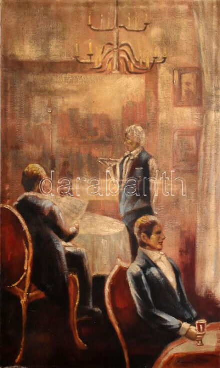 Remsey Jenő jelzéssel: Kávéházi jelenet. Olaj, vászon. 100x60 cm
