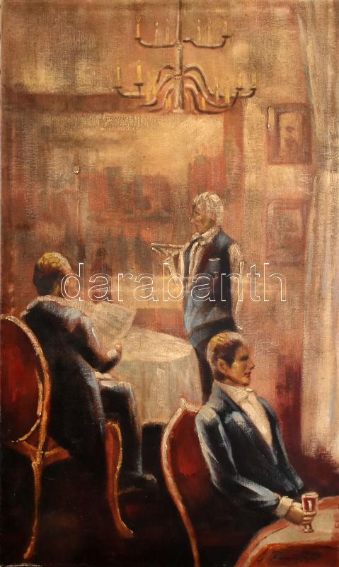 Remsey Jenő jelzéssel: Kávéházi jelenet. Olaj, vászon. 100x60 cm
