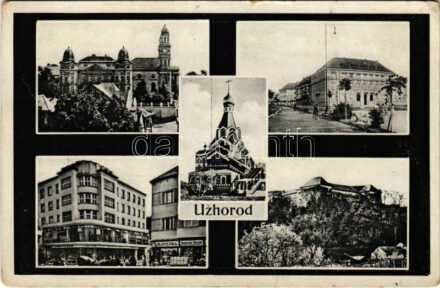 Ungvár, Uzshorod, Uzhhorod, Uzhorod; fatemplom, Slovenka, Jaroslav Kolár üzlete / wooden church, shops + '1938 Ungvár visszatért' So. Stpl (EK)