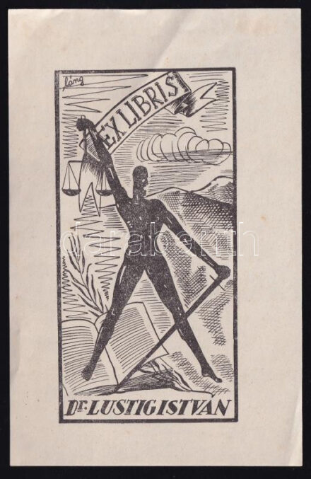 Láng Rudolf (1904-1991): Ex libris dr. Lustig István, fametszet, papír, 12,5×6 cm