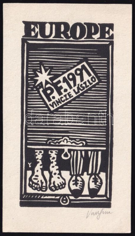 Vincze László (1957-): Europe P.F.1991 Vincze László, fametszet, papír, 14×7,5 cm