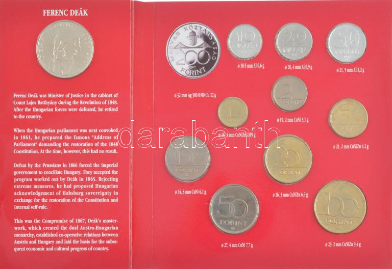 1994. 10f-200Ft (11xklf) forgalmi sor dísztokban, benne 1994. 200Ft Ag 'Deák', 'Magyarország pénzérméi' dísztokban, a karton dísztokon a ragasztás részben elengedett T:BU patina / Hungary 1994. 10 Fillér - 200 Forint (11xdiff) in coin