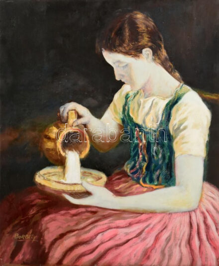 Borbély Béla (194?-2019): Lány népviseletben. Olaj, vászon, jelzett, 60x50 cm