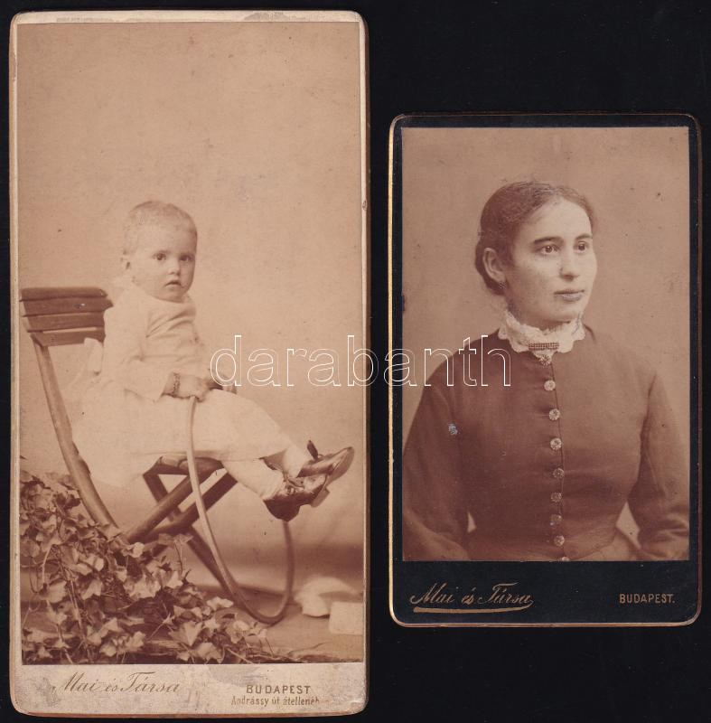 cca 1880-1900 Női és gyerekportré, 2 db, Mai és Társa budapesti műterméből, 10,5×6,5 és 15×7,5 cm