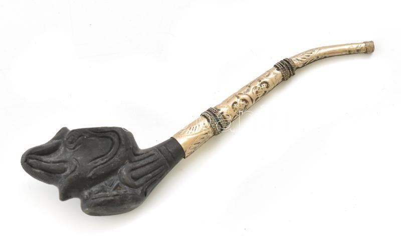 Kerámia ópium pipa Elefánt fejjel. Fém borítással 17 cm