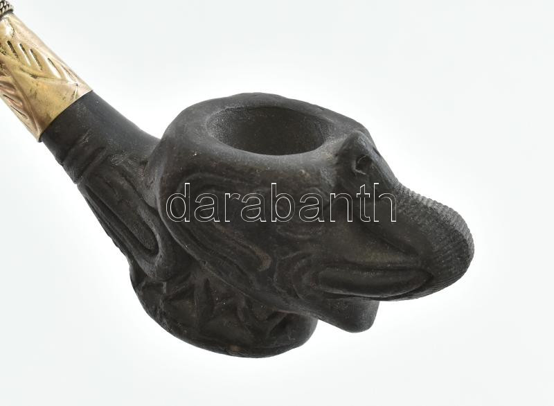Kerámia ópium pipa Elefánt fejjel. Fém borítással 17 cm - Image 2