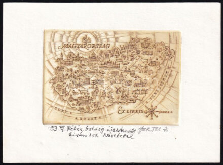 Vertel József (1922-1993): Magyarország, Ex libris, 1993. Rézkarc, papír, jelzett, autográf újévi üdvözlő sorokkal, 6x8,5 cm