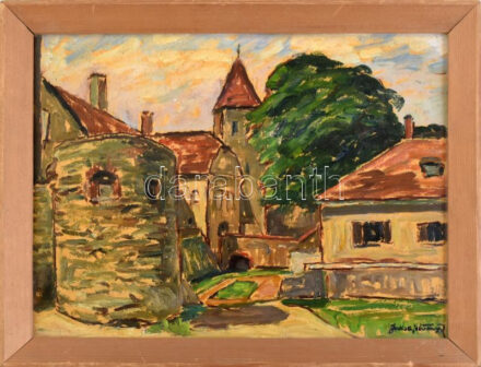 Jaksa István (1894-1982): Kőszegi vár. Olaj, karton, jelzett. Hátoldalán autográf felirattal, fakeretben, 24x32 cm