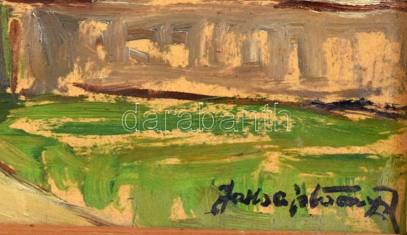 Jaksa István (1894-1982): Kőszegi vár. Olaj, karton, jelzett. Hátoldalán autográf felirattal, fakeretben, 24x32 cm - Image 2