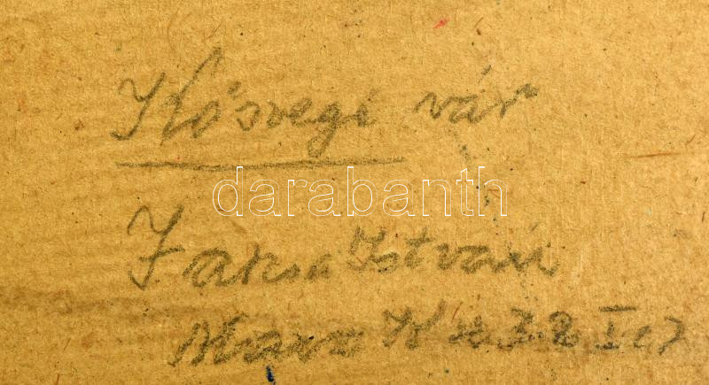 Jaksa István (1894-1982): Kőszegi vár. Olaj, karton, jelzett. Hátoldalán autográf felirattal, fakeretben, 24x32 cm - Image 3