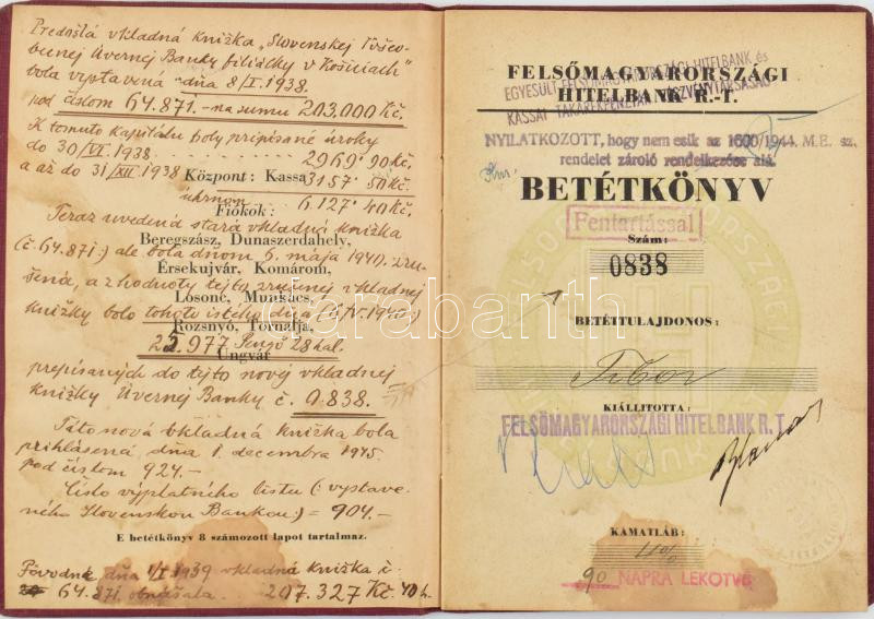 1944 Felső-magyarországi Hitelbank Rt. betétkönyve, nem zsidó bélyegzéssel - Image 2